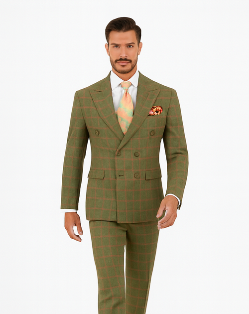 Rossiman Suit â€“ Sage Green & Burnt Orange Windowpane Plaid Double-Breasted Suit