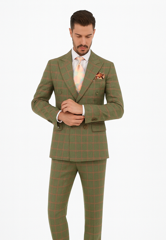 Rossiman Suit – Sage Green & Burnt Orange Windowpane Plaid Double-Breasted Suit