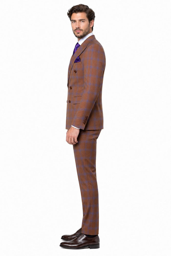 Men’s Brown Plaid Double-Breasted Suit – Premium 2-Piece Classic Checkered Windowpane Suit by Rossiman