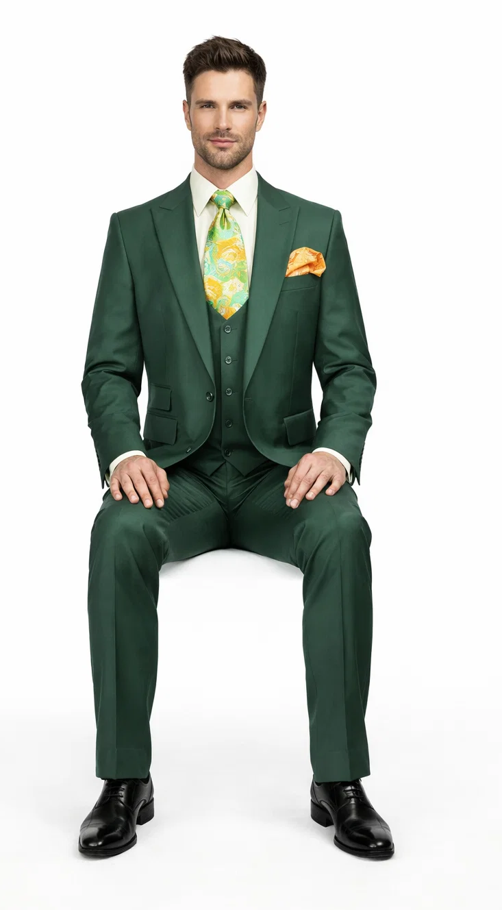 Rossiman Hunter Green Slim Fit Men's Suit â€“ 3-Piece Vested Set with Flat Front Trousers