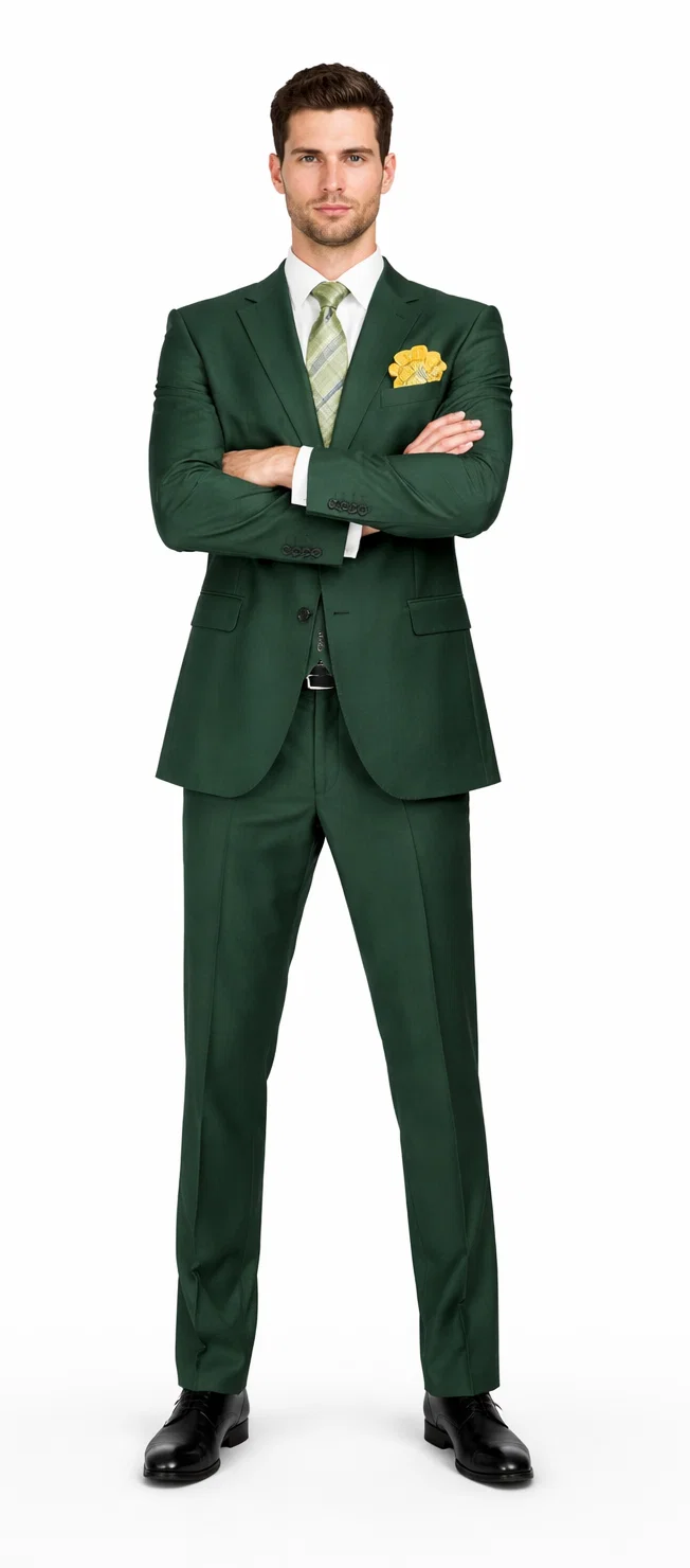 Rossiman Hunter Green Slim Fit Men's Suit â€“ 3-Piece Vested Set with Flat Front Trousers