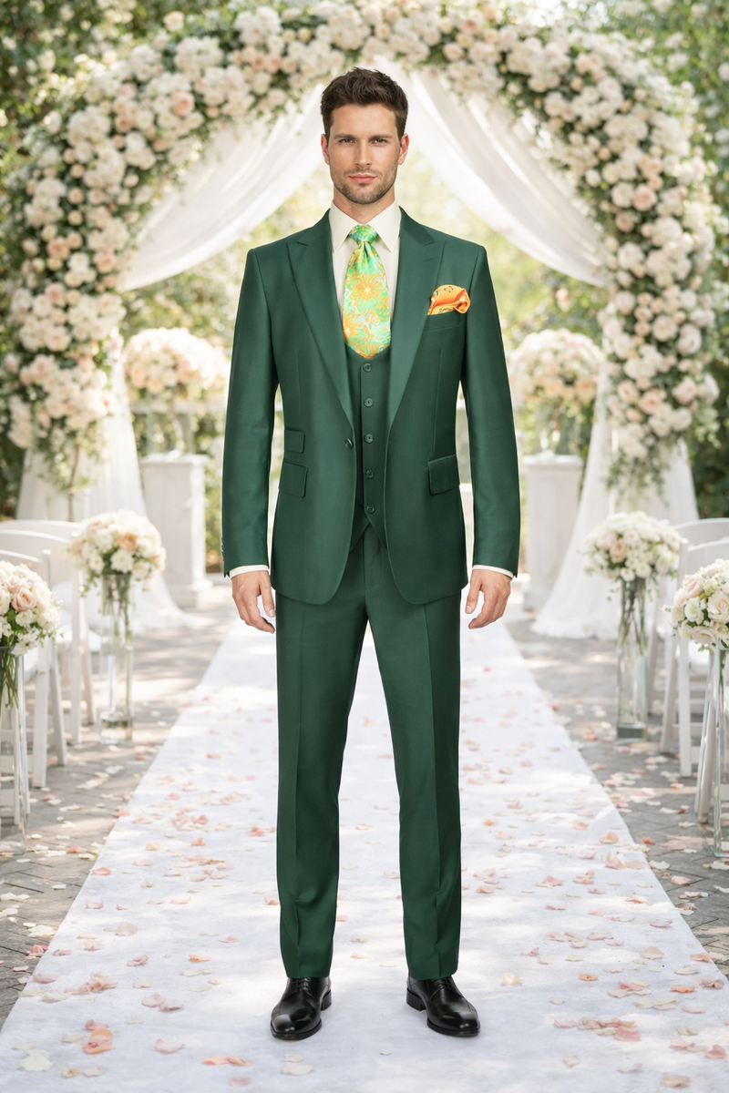 Rossiman Hunter Green Slim Fit Men's Suit â€“ 3-Piece Vested Set with Flat Front Trousers