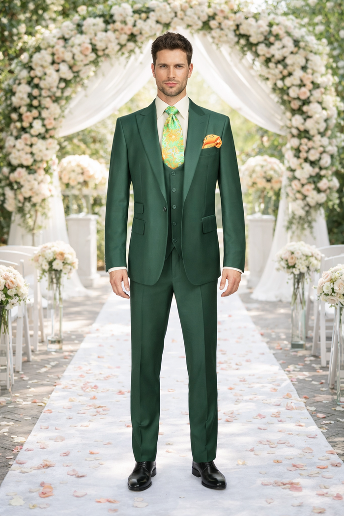 Rossiman Hunter Green Slim Fit Men's Suit â€“ 3-Piece Vested Set with Flat Front Trousers