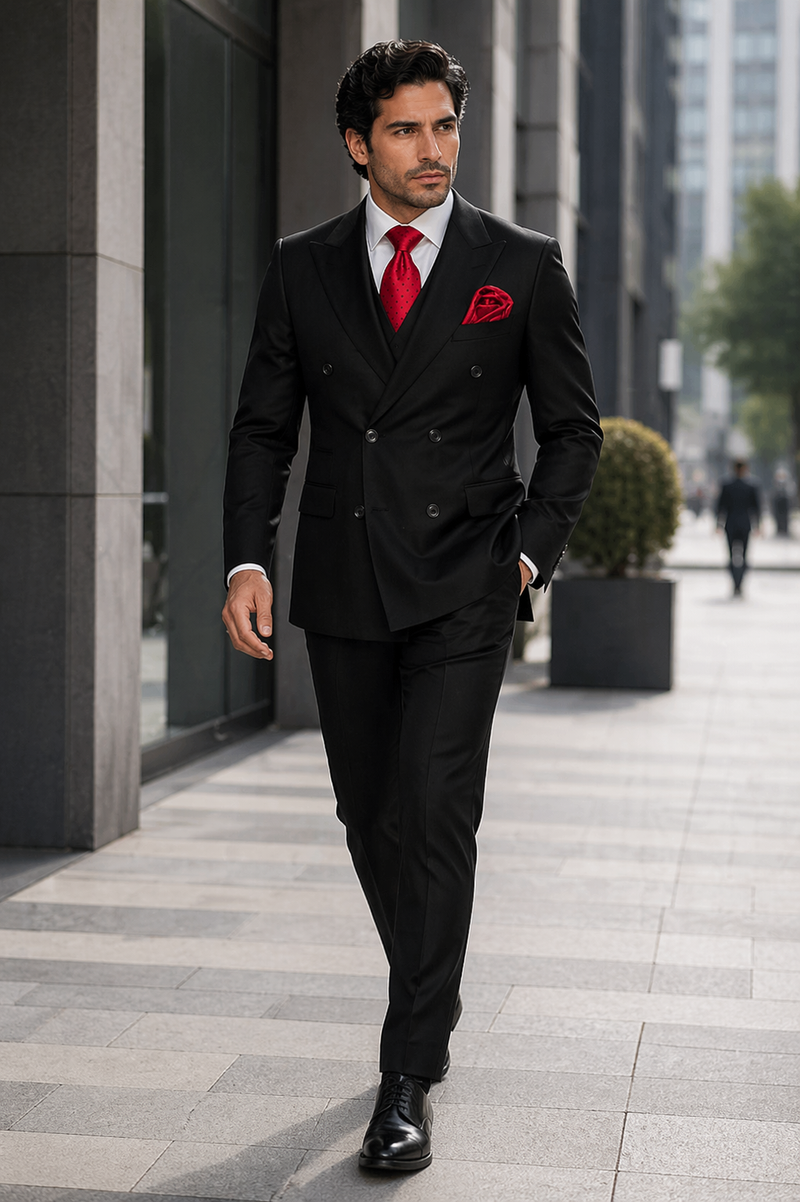 Rossiman Mens Formal Black Slim Fit Suit - 3-Piece with Stylish Vest & Trousers