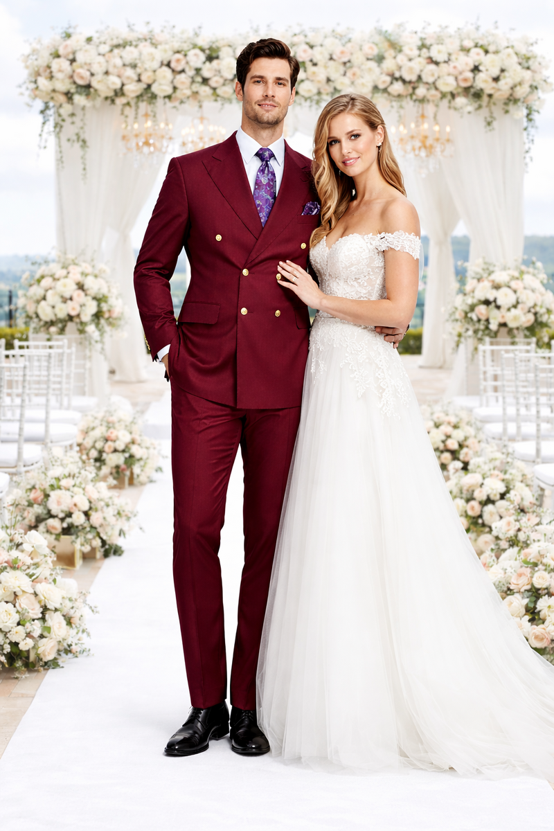 Rossiman Men's Burgundy Slim Fit Formal Suit â€“ Modern Double-Breasted Jacket