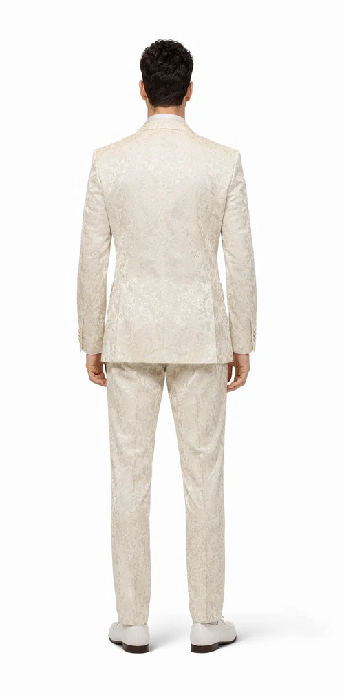 Mens Champaign Ivory  Jacquard Paisley Tuxedo Suit with Satin Shawl Lapel - Elegant Wedding and Prom Outfit By Rossiman