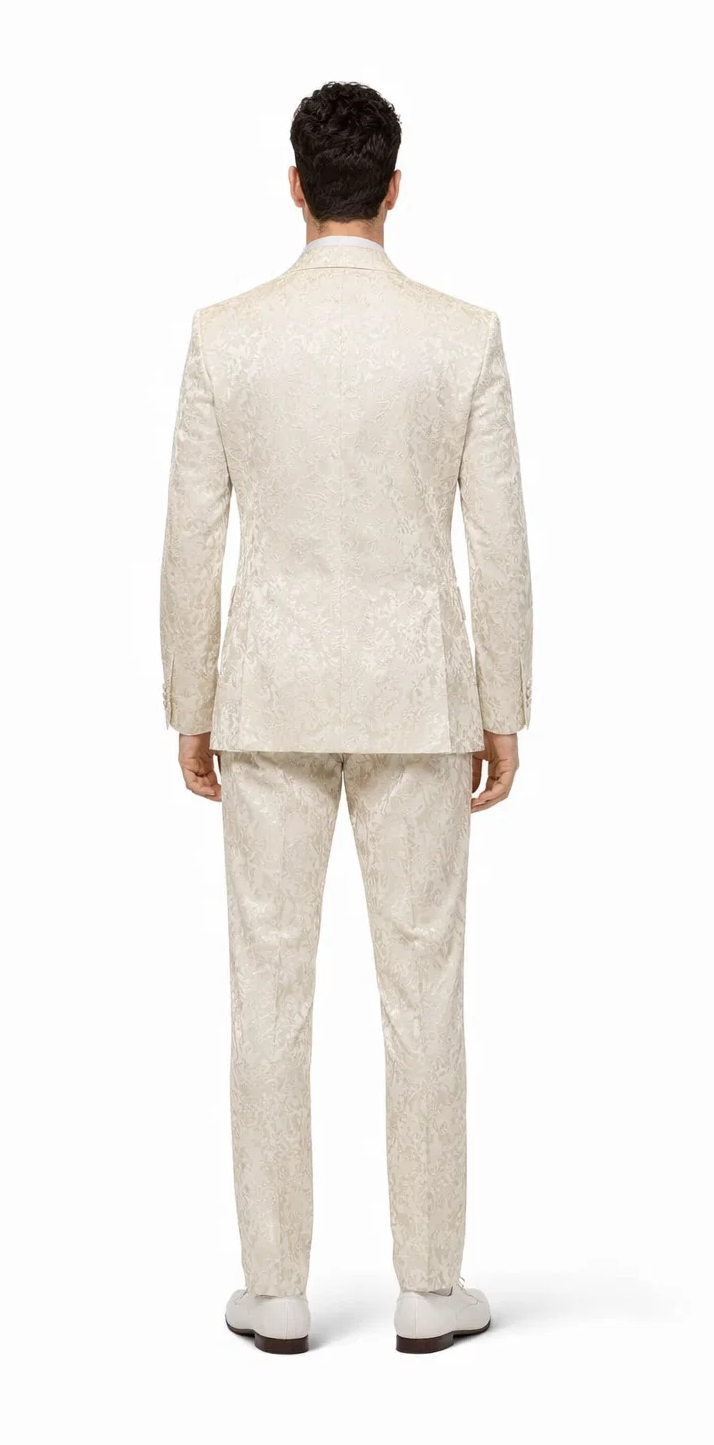 Mens Champaign Ivory  Jacquard Paisley Tuxedo Suit with Satin Shawl Lapel - Elegant Wedding and Prom Outfit By Rossiman