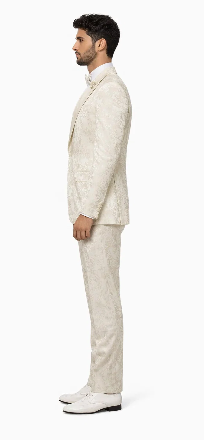 Mens Champaign Ivory  Jacquard Paisley Tuxedo Suit with Satin Shawl Lapel - Elegant Wedding and Prom Outfit By Rossiman