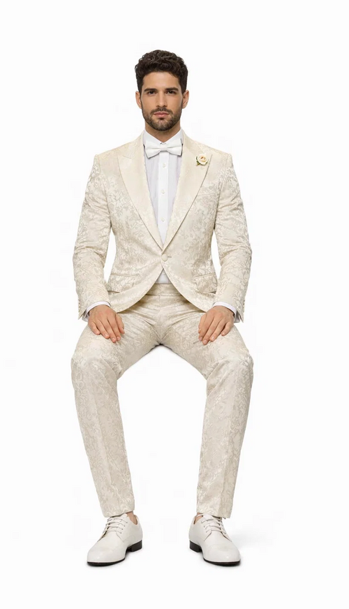 Mens Champaign Ivory  Jacquard Paisley Tuxedo Suit with Satin Shawl Lapel - Elegant Wedding and Prom Outfit By Rossiman