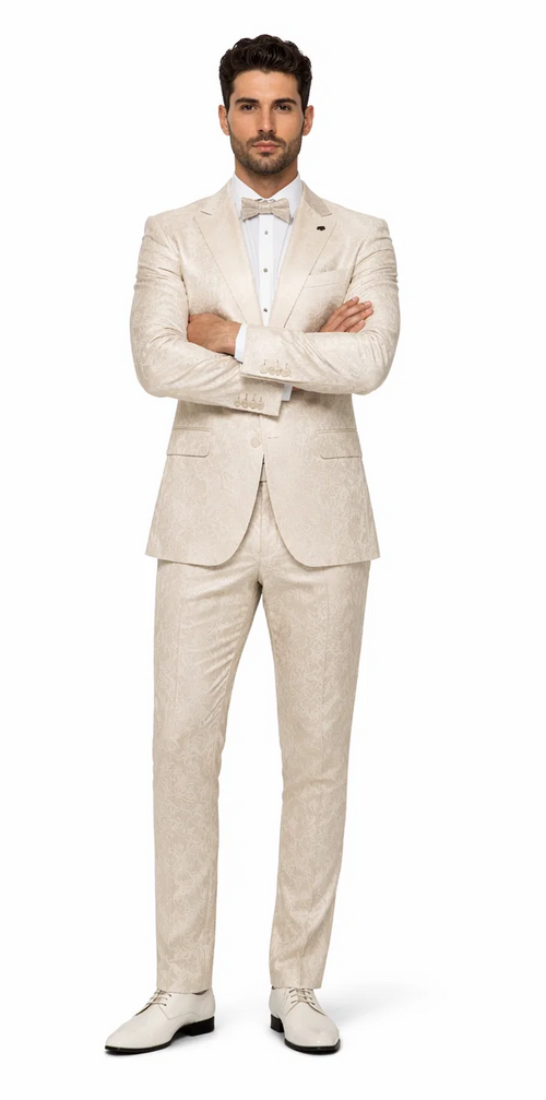 Mens Champaign Ivory  Jacquard Paisley Tuxedo Suit with Satin Shawl Lapel - Elegant Wedding and Prom Outfit By Rossiman