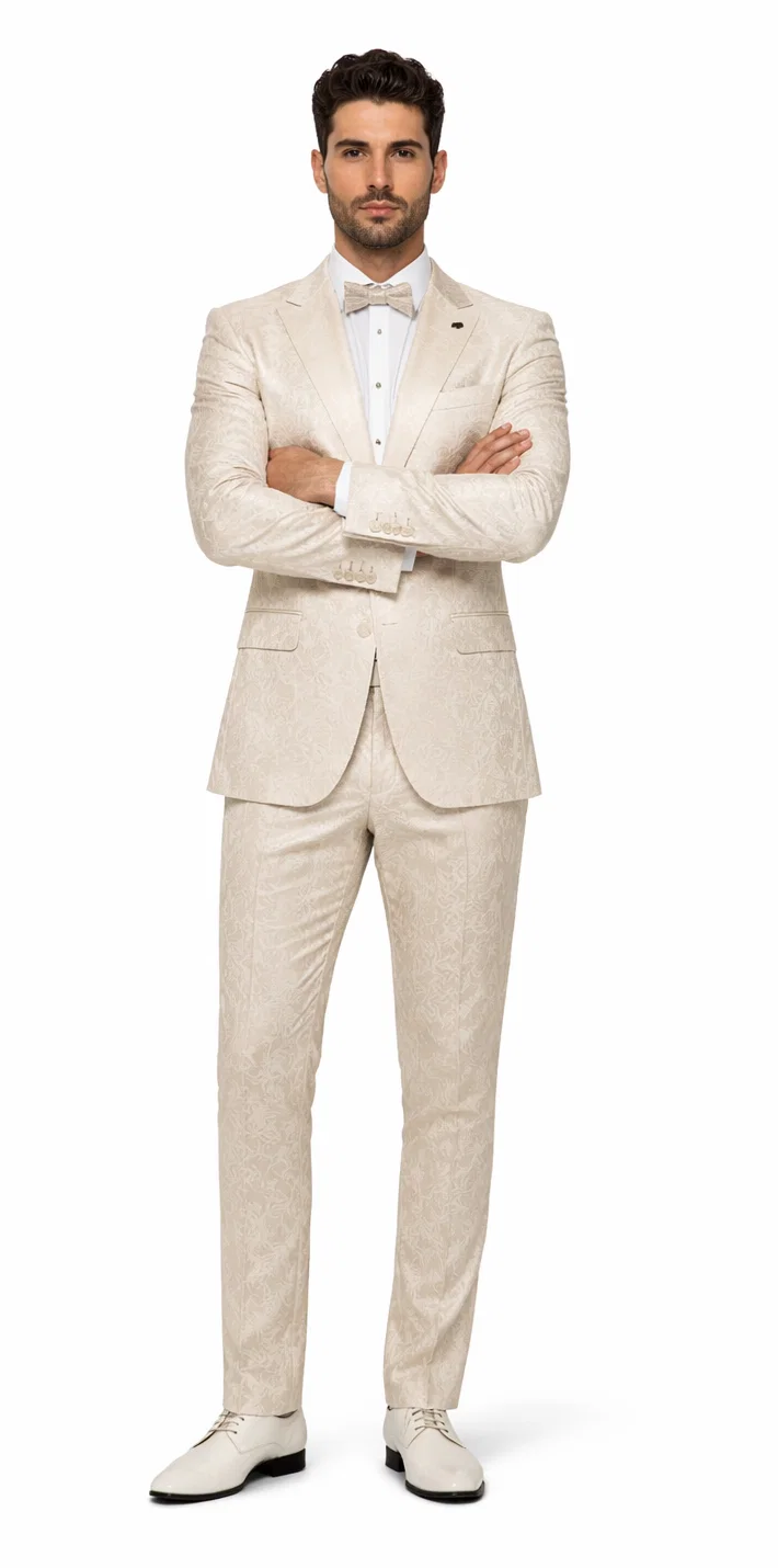 Mens Champaign Ivory  Jacquard Paisley Tuxedo Suit with Satin Shawl Lapel - Elegant Wedding and Prom Outfit By Rossiman
