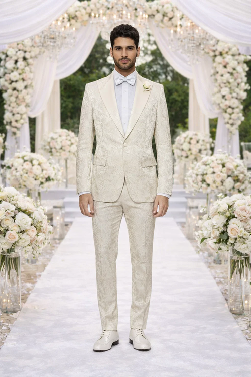 Mens Champaign Ivory  Jacquard Paisley Tuxedo Suit with Satin Shawl Lapel - Elegant Wedding and Prom Outfit By Rossiman