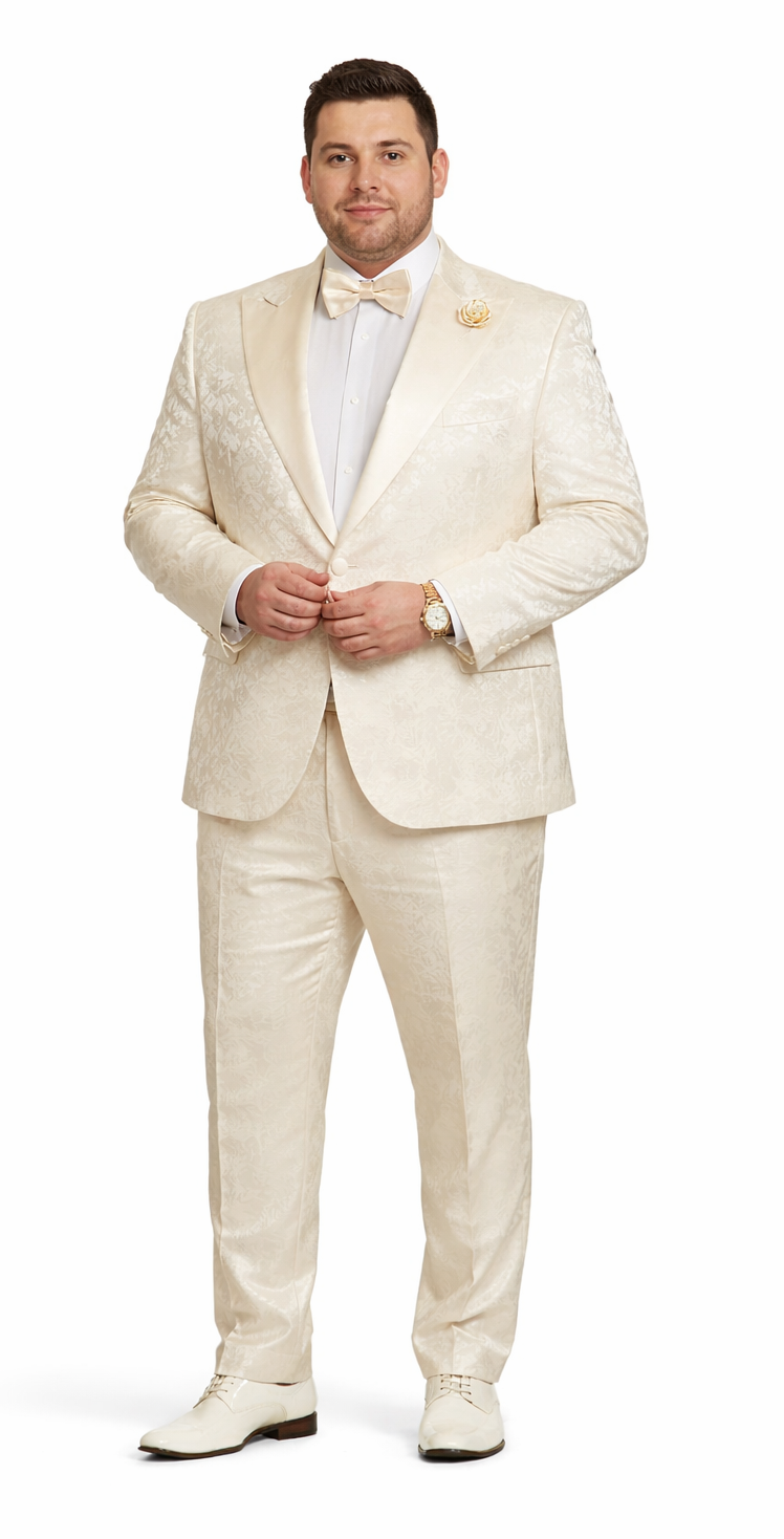 Mens Champaign Ivory  Jacquard Paisley Tuxedo Suit with Satin Shawl Lapel - Elegant Wedding and Prom Outfit By Rossiman