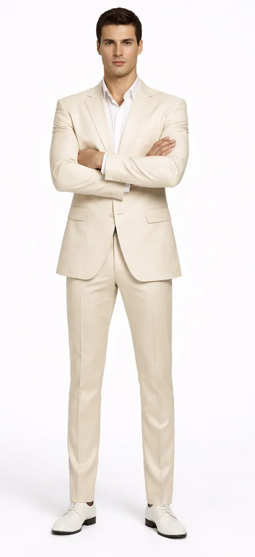 Rossiman Mens Cream Sateen Suit - Elegant Glossy Formalwear