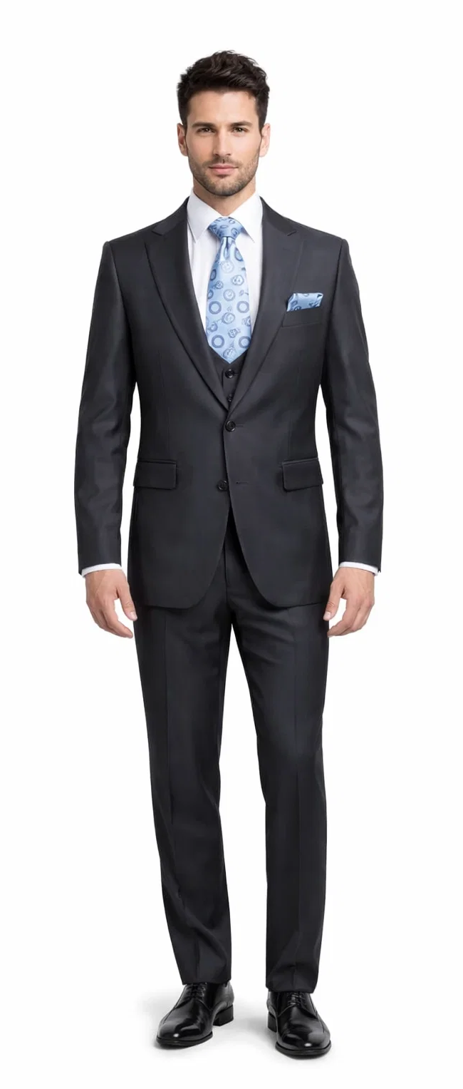 Rossiman Men's Dark Gray Slim Fit Suit â€“ 3-Piece Vested Set with Flat Front Pants