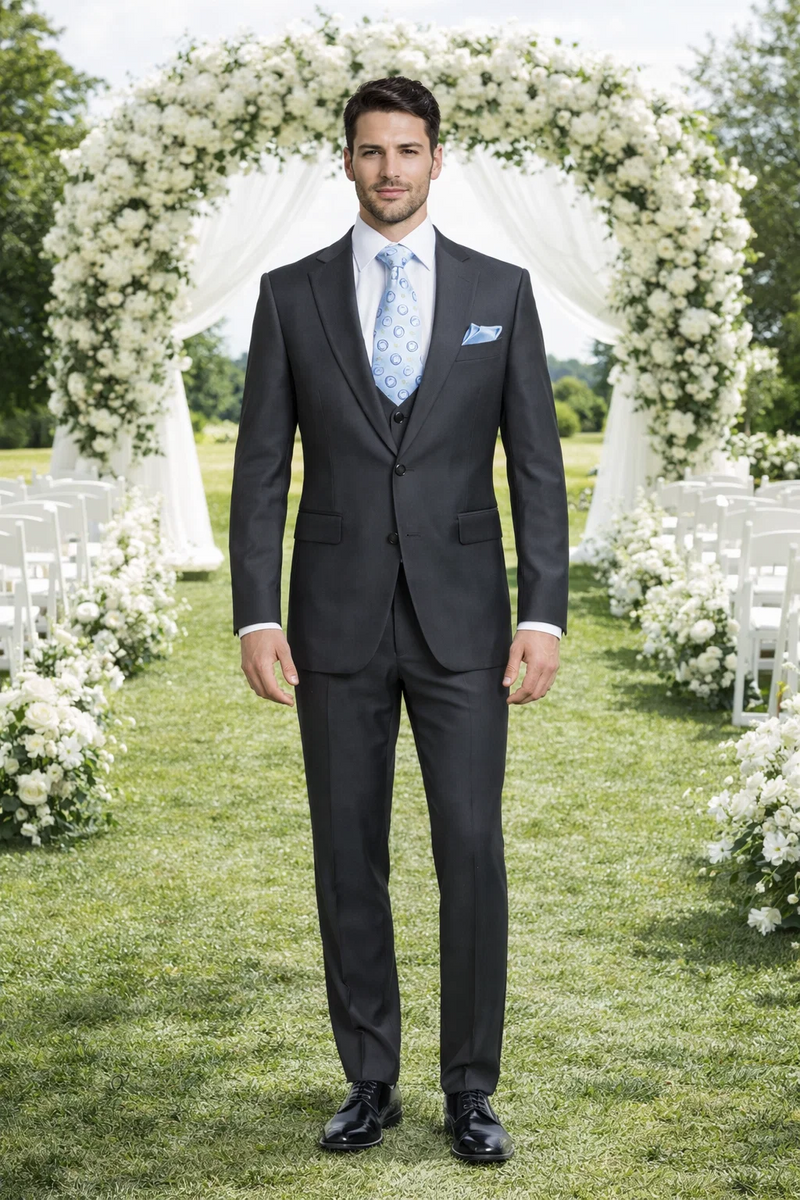 Rossiman Men's Dark Gray Slim Fit Suit â€“ 3-Piece Vested Set with Flat Front Pants