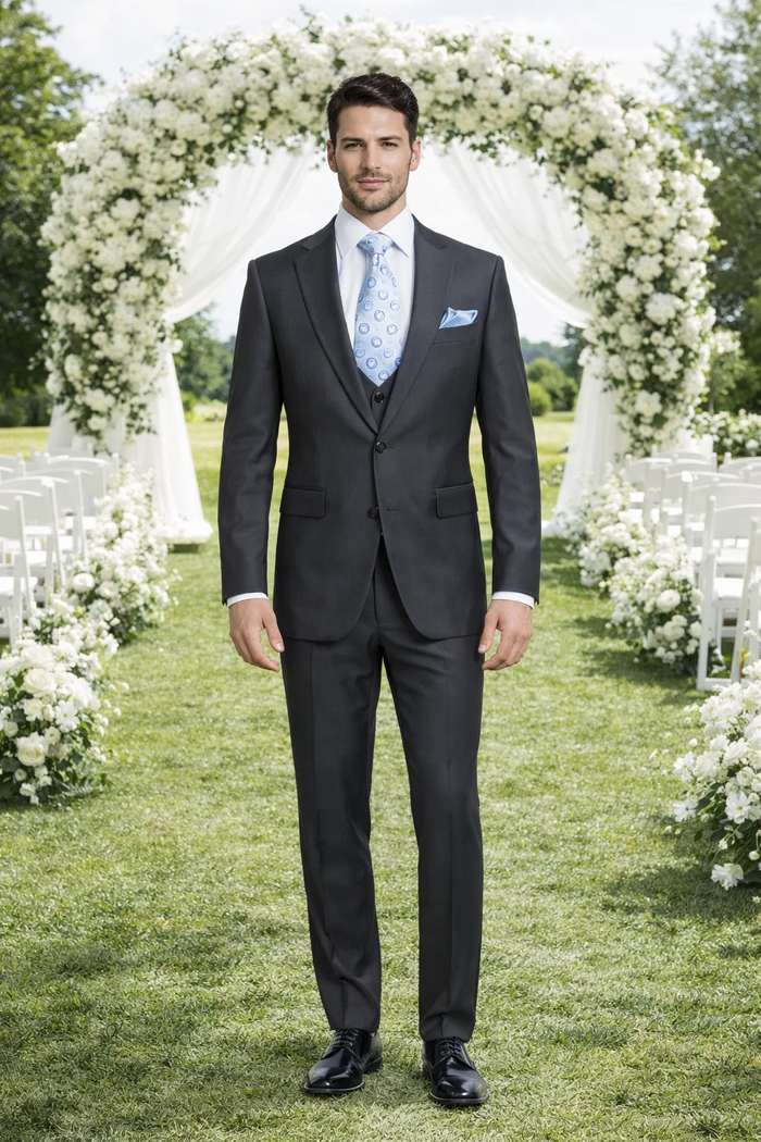 Rossiman Men's Dark Gray Slim Fit Suit â€“ 3-Piece Vested Set with Flat Front Pants