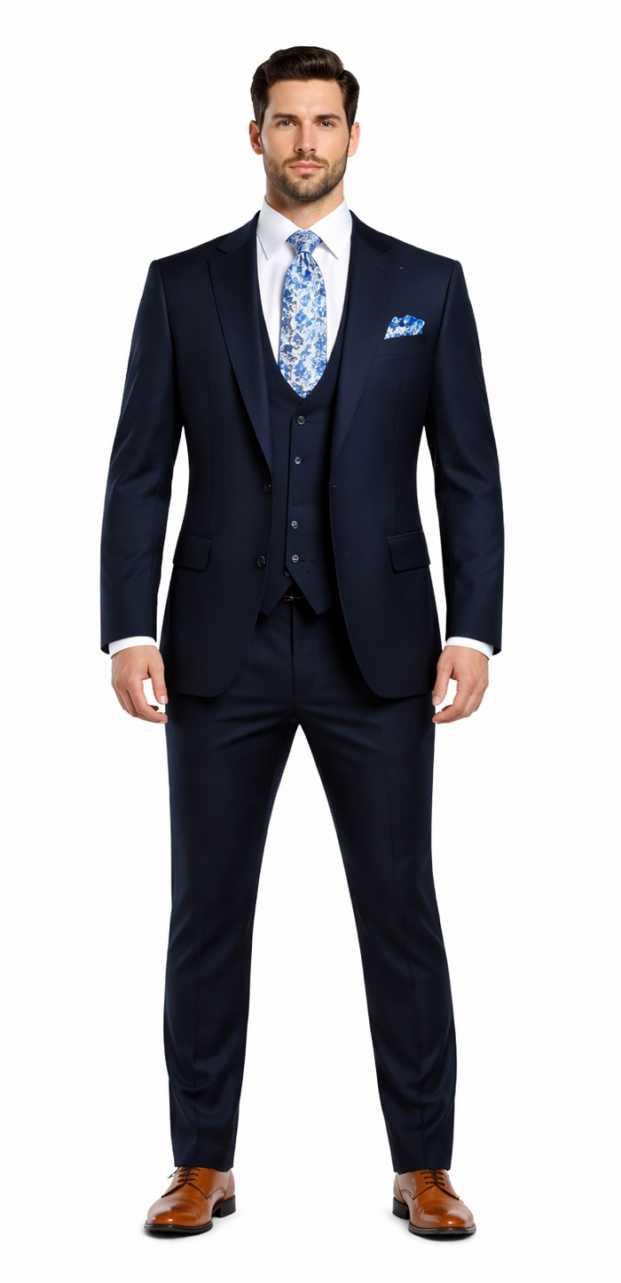 Rossiman Mens Formal Blue Suit - Slim Fit Design with Vest and Trousers