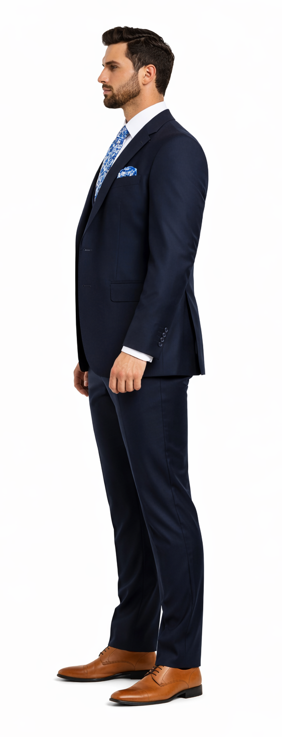 Rossiman Mens Formal Blue Suit - Slim Fit Design with Vest and Trousers