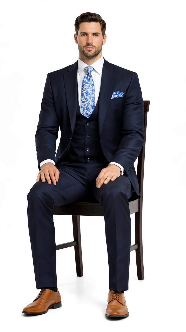 Rossiman Mens Formal Blue Suit - Slim Fit Design with Vest and Trousers