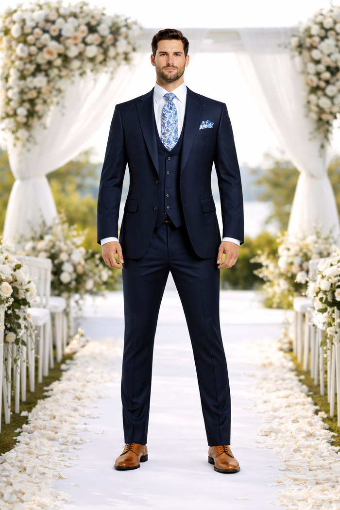 Rossiman Mens Formal Blue Suit - Slim Fit Design with Vest and Trousers