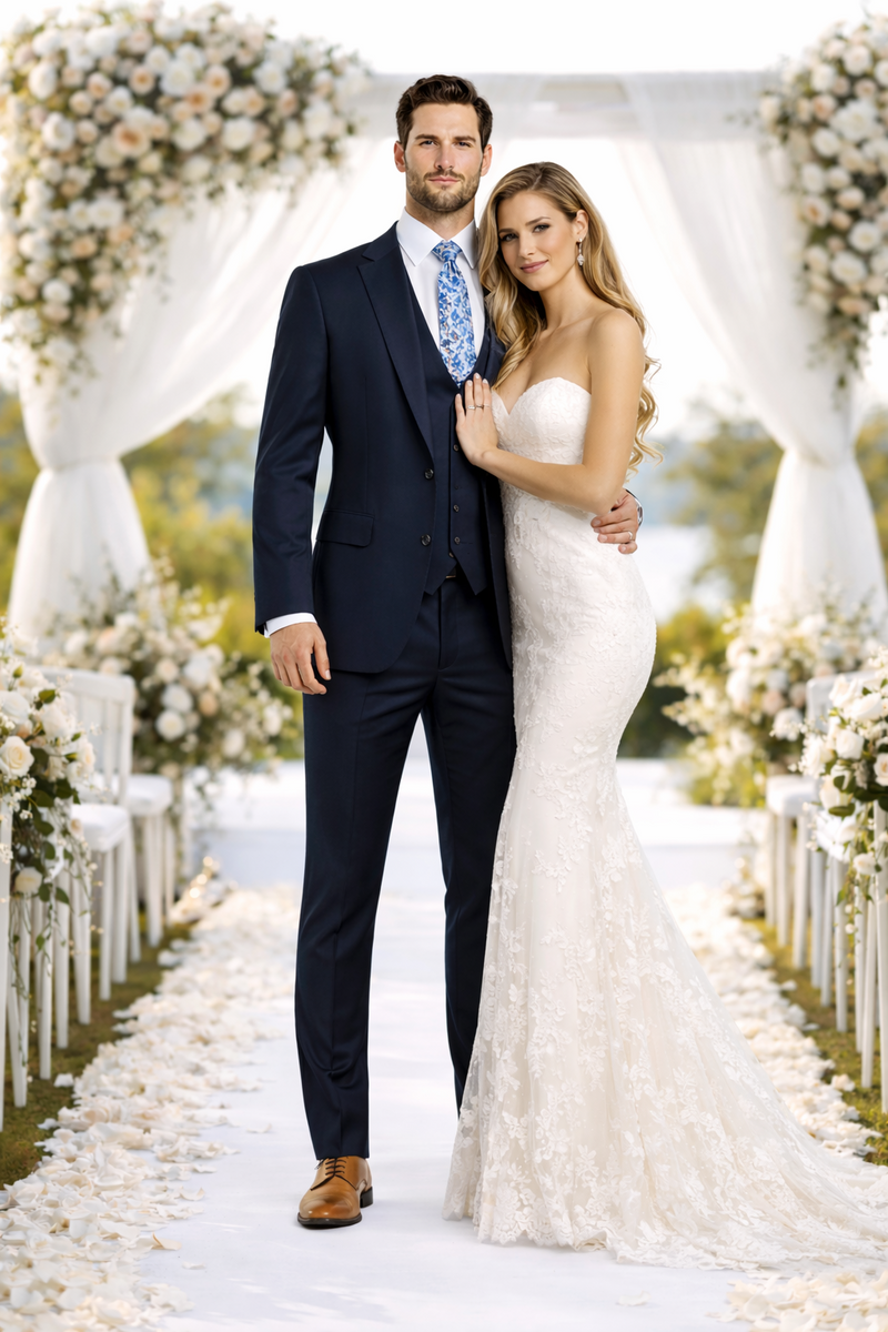 Rossiman Mens Formal Blue Suit - Slim Fit Design with Vest and Trousers