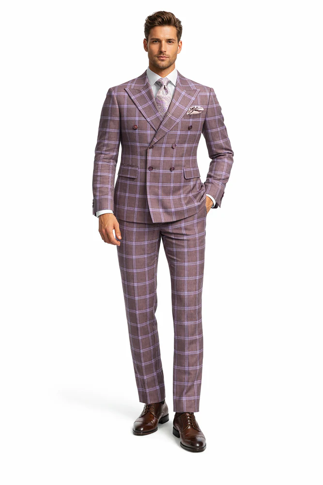 Rossiman Plaid Suit â€“ Gray & Lavender Textured Windowpane Double-Breasted Suit