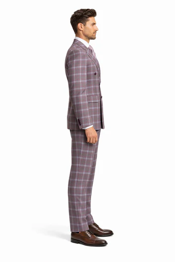 Rossiman Plaid Suit â€“ Gray & Lavender Textured Windowpane Double-Breasted Suit