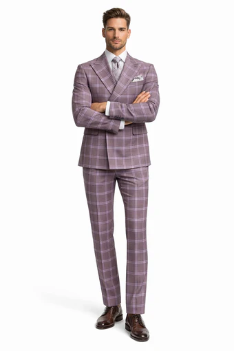 Rossiman Plaid Suit â€“ Gray & Lavender Textured Windowpane Double-Breasted Suit