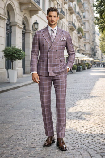 Rossiman Plaid Suit â€“ Gray & Lavender Textured Windowpane Double-Breasted Suit