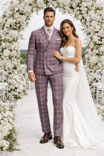 Rossiman Plaid Suit â€“ Gray & Lavender Textured Windowpane Double-Breasted Suit