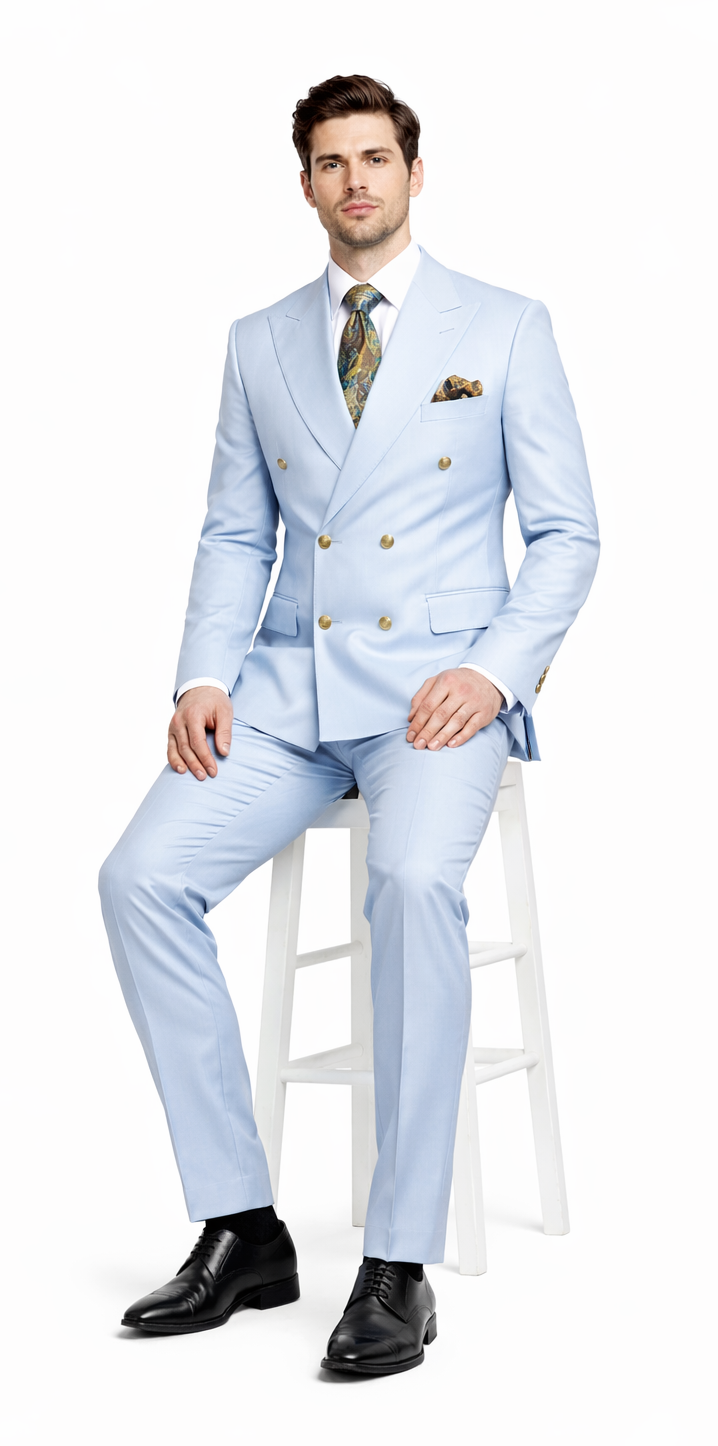 Rossiman Mens Light Blue Slim Fit Suit Elegant Double-Breasted Design