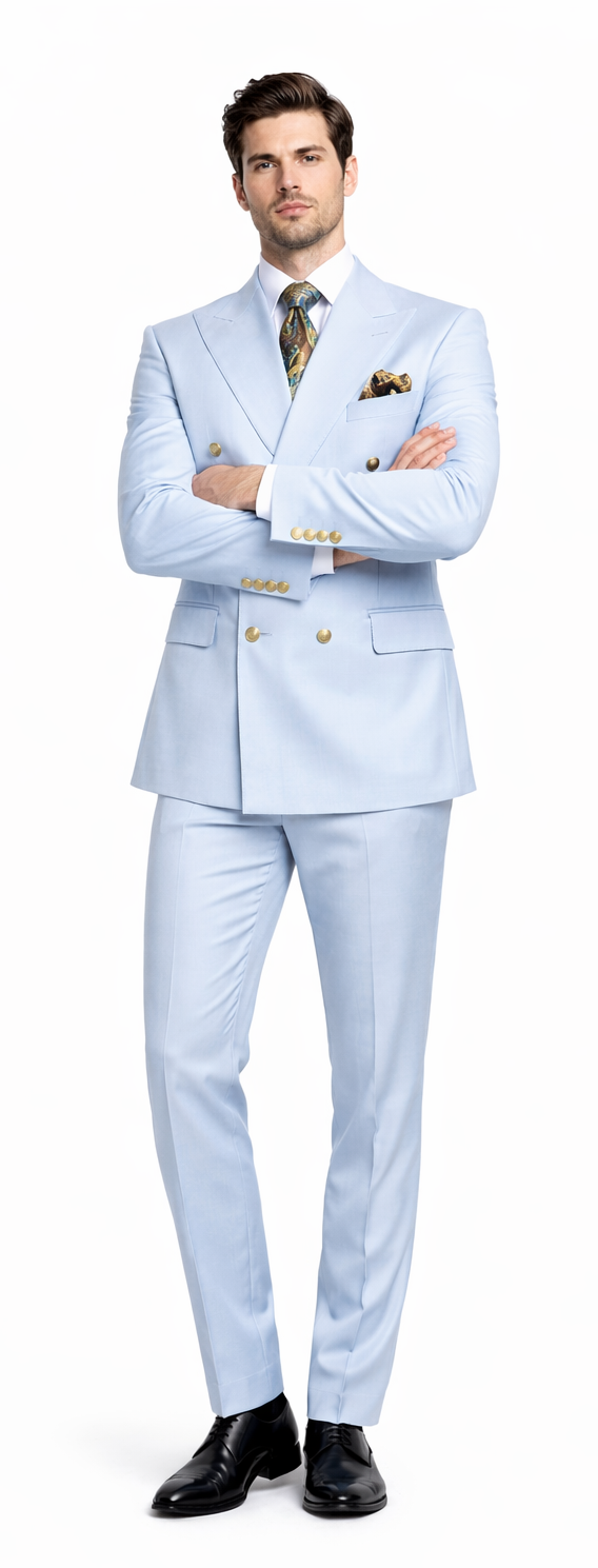 Rossiman Mens Light Blue Slim Fit Suit Elegant Double-Breasted Design