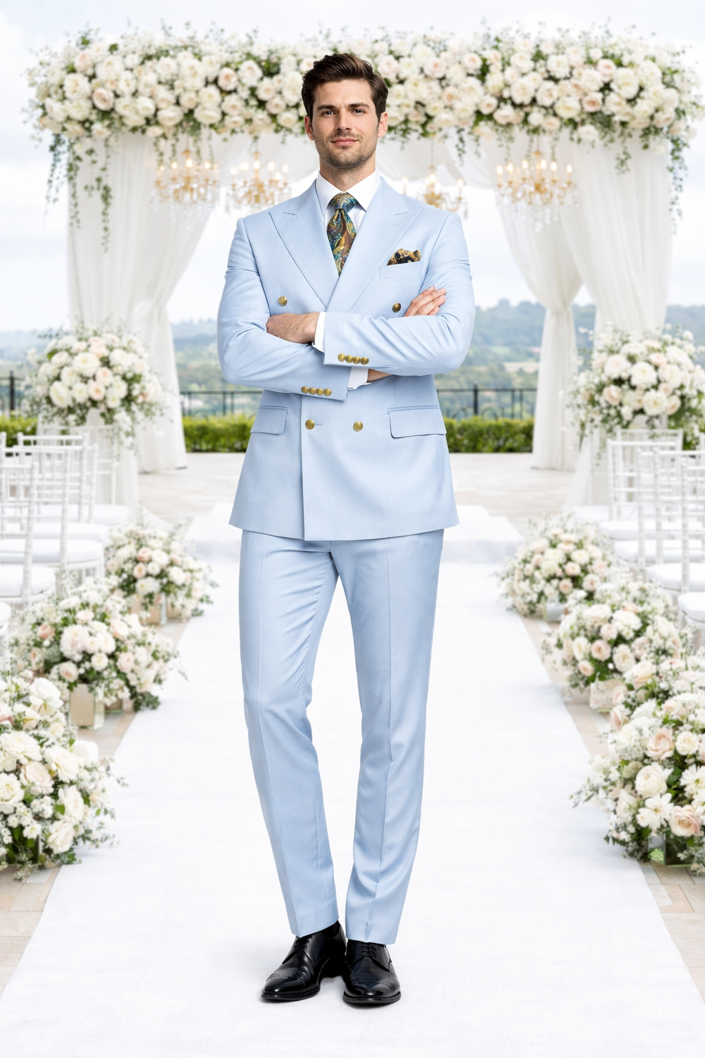 Rossiman Mens Light Blue Slim Fit Suit Elegant Double-Breasted Design