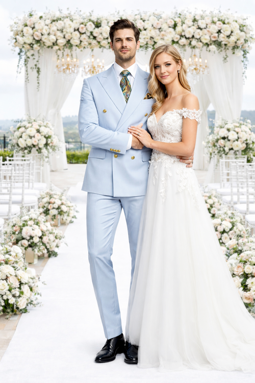 Rossiman Mens Light Blue Slim Fit Suit Elegant Double-Breasted Design