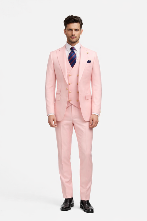 Rossiman Men's Pink Suit â€“ 1-Button Peak Lapel Jacket & Double-Breasted Vest