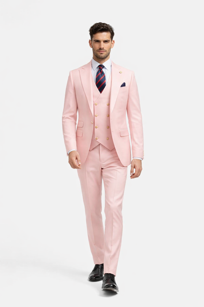 Rossiman Men's Pink Suit â€“ 1-Button Peak Lapel Jacket & Double-Breasted Vest