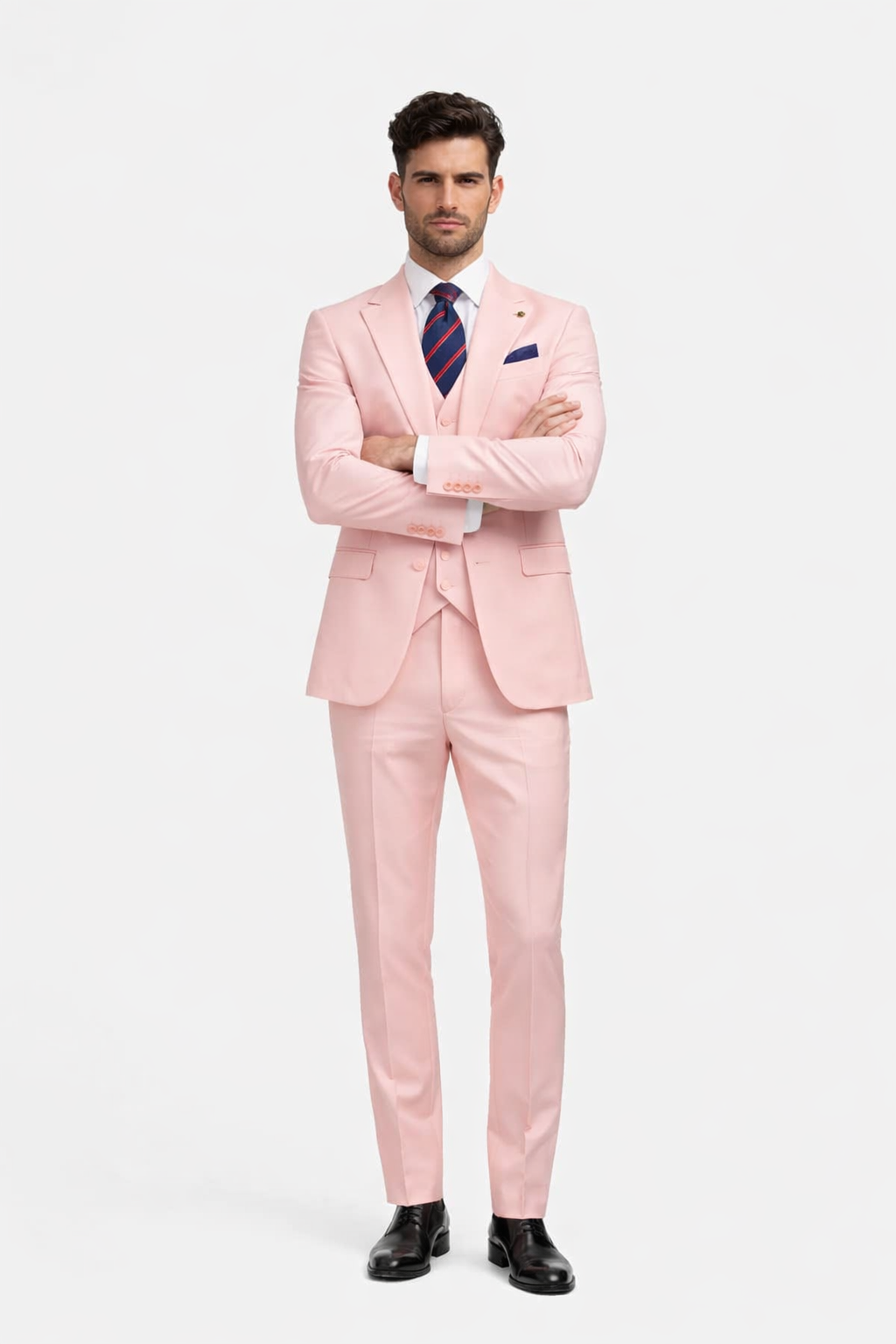 Rossiman Men's Pink Suit â€“ 1-Button Peak Lapel Jacket & Double-Breasted Vest