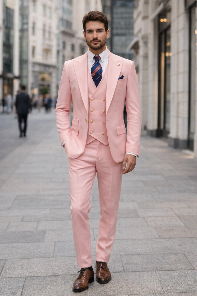Rossiman Men's Pink Suit â€“ 1-Button Peak Lapel Jacket & Double-Breasted Vest
