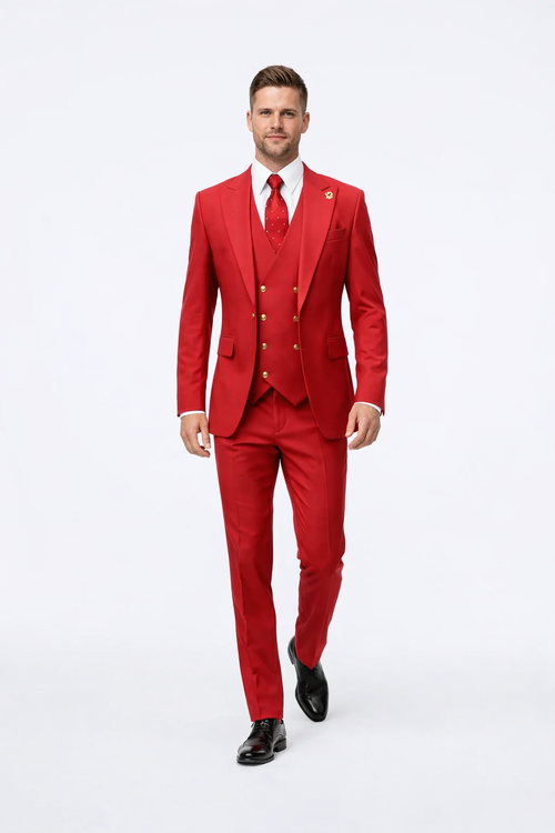 Rossiman Men's Red Suit â€“ Stylish 1-Button Peak Lapel Jacket & Double-Breasted Vest