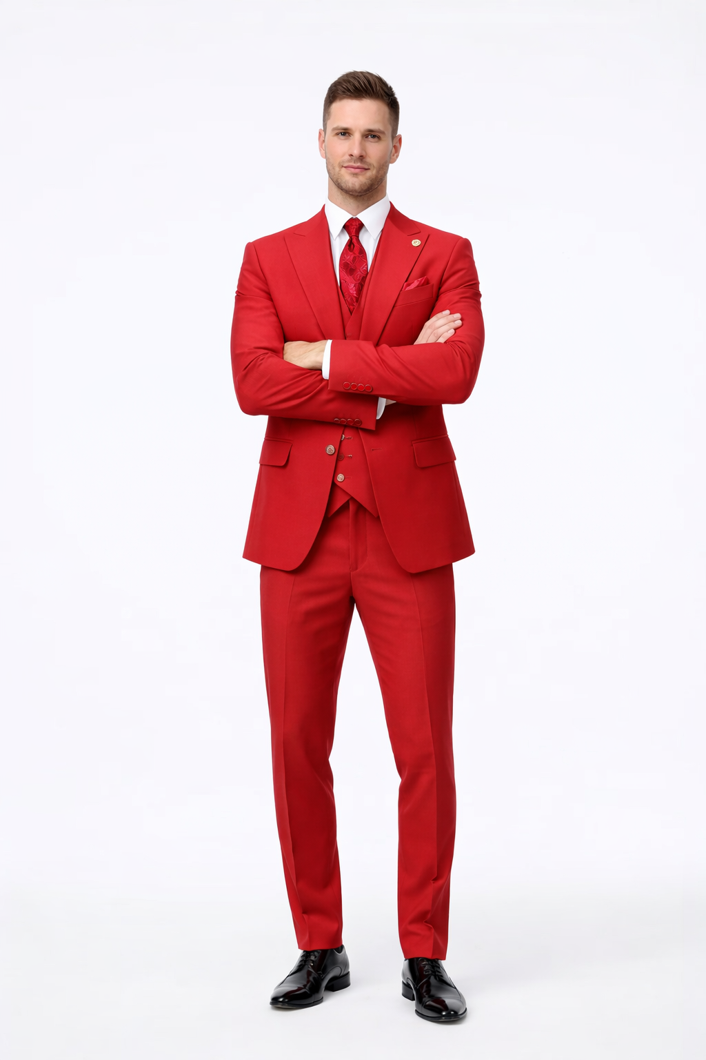 Rossiman Men's Red Suit â€“ Stylish 1-Button Peak Lapel Jacket & Double-Breasted Vest