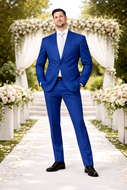 Rossiman Mens Royal Blue Glossy Sateen Suit Bold & Refined Look