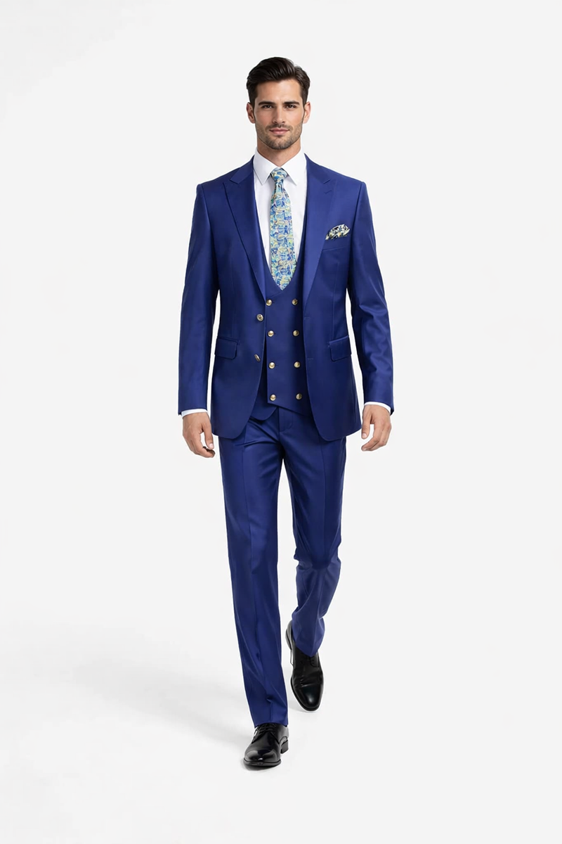 Rossiman Mens Royal Blue Slim Fit Suit - Sophisticated Double-Breasted Design