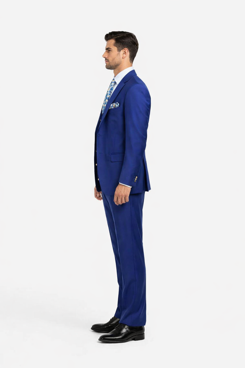 Rossiman Mens Royal Blue Slim Fit Suit - Sophisticated Double-Breasted Design