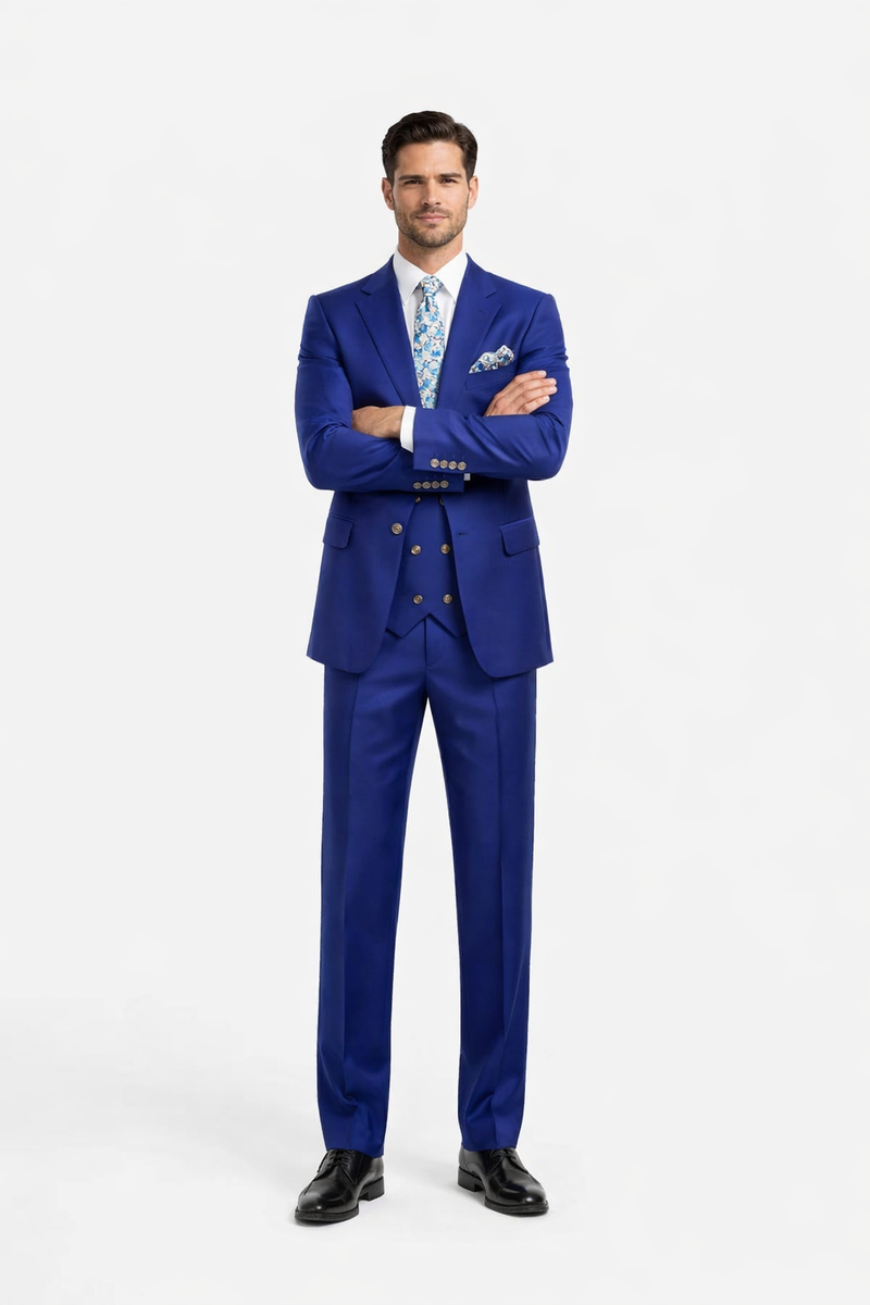 Rossiman Mens Royal Blue Slim Fit Suit - Sophisticated Double-Breasted Design