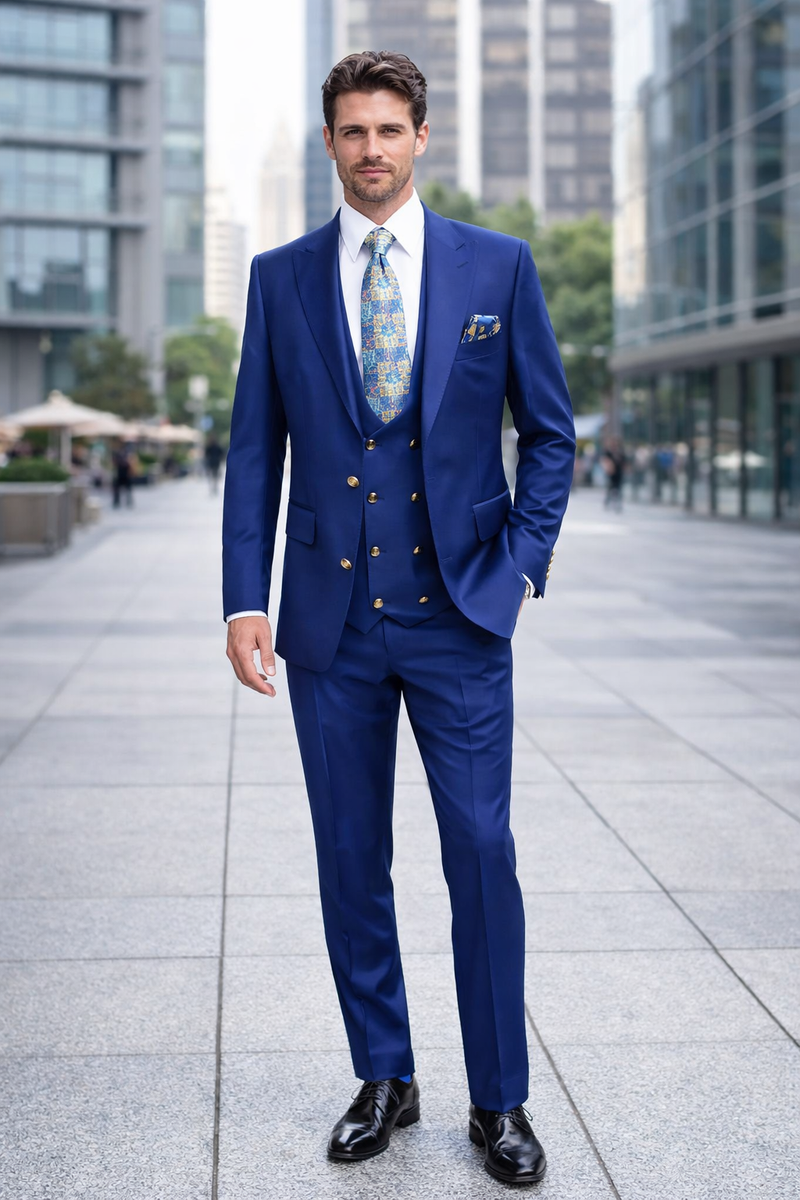Rossiman Mens Royal Blue Slim Fit Suit - Sophisticated Double-Breasted Design