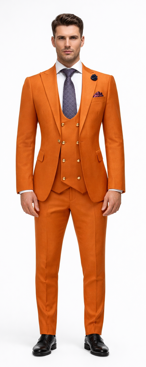 Rossiman Men's Rust Slim Fit Suit â€“ 3-Piece Set with Double-Breasted Vest & Flat Front Pants