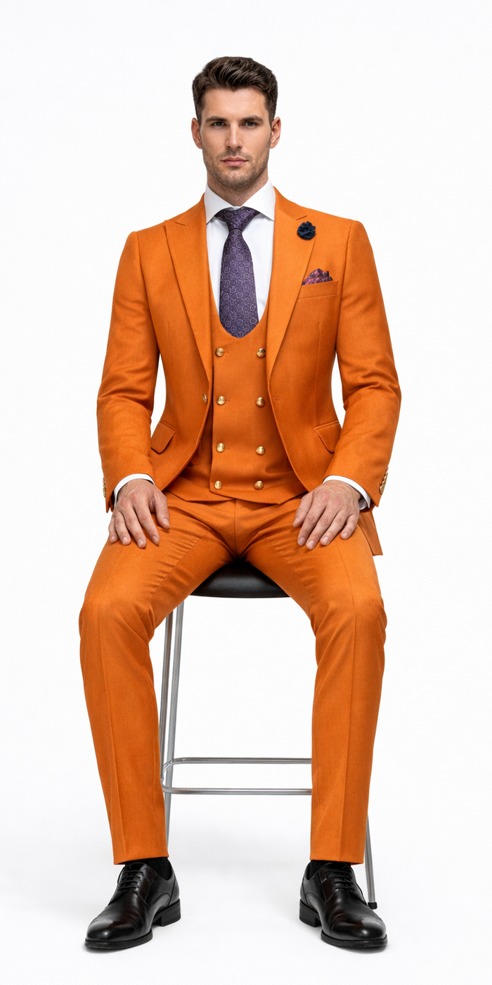 Rossiman Men's Rust Slim Fit Suit â€“ 3-Piece Set with Double-Breasted Vest & Flat Front Pants