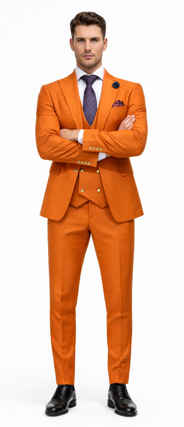 Rossiman Men's Rust Slim Fit Suit â€“ 3-Piece Set with Double-Breasted Vest & Flat Front Pants