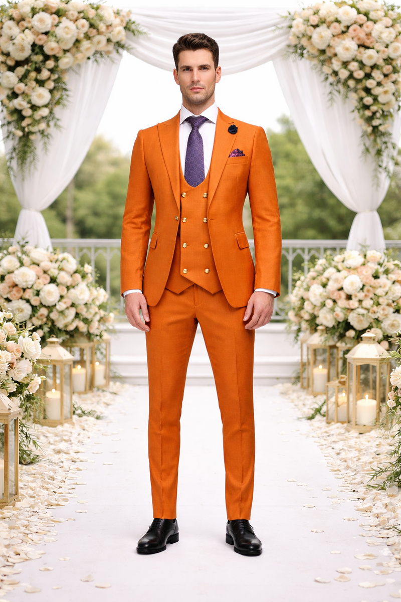 Rossiman Men's Rust Slim Fit Suit â€“ 3-Piece Set with Double-Breasted Vest & Flat Front Pants